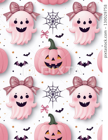 Cute Halloween seamless pattern with kawaii pink ghosts, pumpkins, and bats. Adorable girly holiday background for kids' party, fabric, or wrapping paper. 130029758