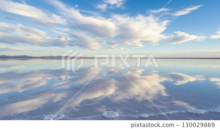 A salt lake reflecting the sky like a mirror on a sunny day A salt lake reflecting the sky like a mirror on a sunny day 130029869