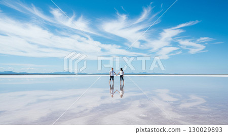 Two people holding hands on a mirror-like salt lake 130029893