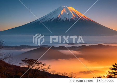 Mount Fuji and the cityscape bathed in the setting sun 130029900