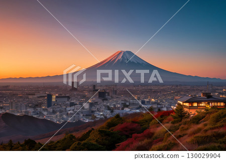 Mount Fuji and the cityscape bathed in the setting sun 130029904