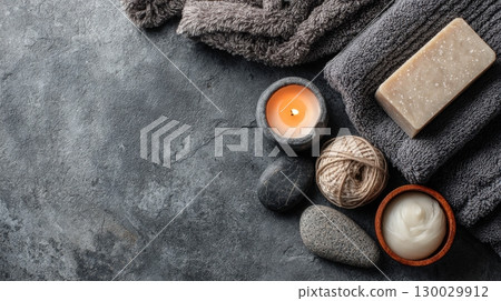 Wellness Banner with African Soap, Spa Towel, Shea Butter, and Candle on Stone Surface Wellness Banner with African Soap, Spa Towel, Shea Butter, and Candle on Stone Surface 130029912