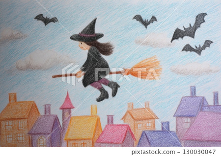 Child Witch Flying on Broomstick Over Pastel Rooftops with Bats 130030047