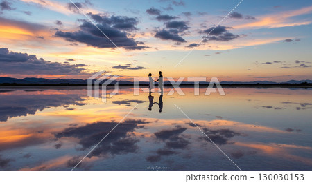 兩人在鏡子般的鹽湖上手牽手 130030153