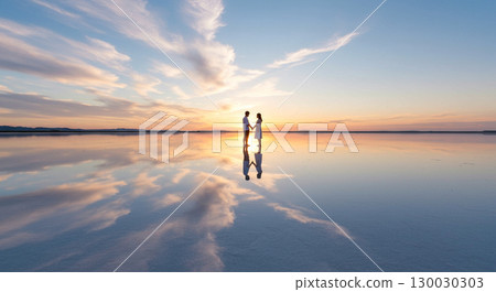 Two people holding hands in a salt lake that reflects like a mirror 130030303
