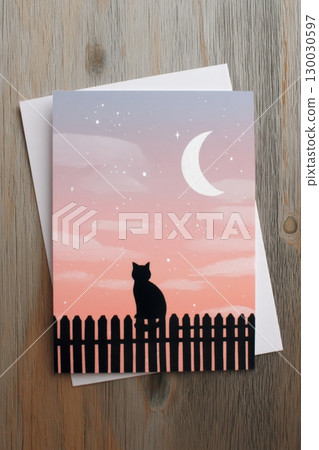 Minimalist Greeting Card with Black Cat Under Crescent Moon and Stars 130030597