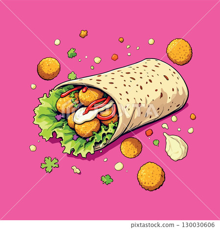 Vsai delicious wrap filled with nuggets, lettuce, and sauce on pink background 130030606