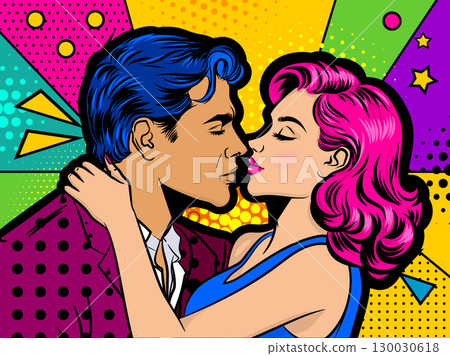 Pop art illustration of a loving couple sharing a passionate kiss 130030618