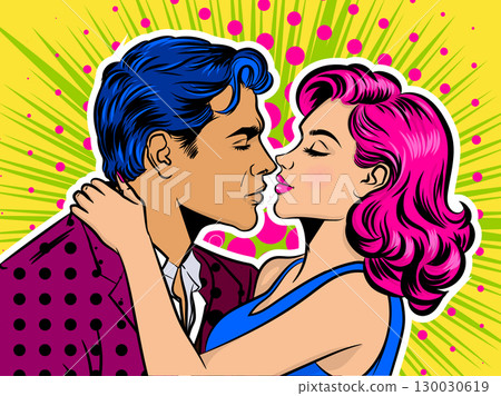 Pop art illustration of a loving couple sharing a passionate kiss 130030619