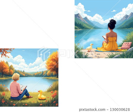 Vsai women reading by the lake with rubber ducks in summer and autumn Vsai women reading by the lake with rubber ducks in summer and autumn 130030628