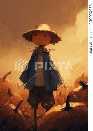 Cartoon Scarecrow in Pumpkin Field with Warm Orange Tones 130030678