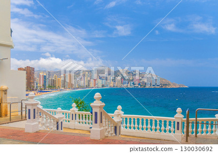 El Castell Old town Benidorm and aerial view of Benidorm city and, coastline with buildings, Llevant beach on Costa Blanca coast Mediterranean Sea water, Serra Gelada mountain in summer day, Spain 130030692