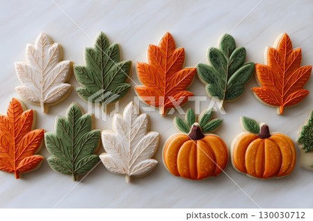 Fall-Themed Leaf and Pumpkin Iced Cookies on White Surface Fall-Themed Leaf and Pumpkin Iced Cookies on White Surface 130030712