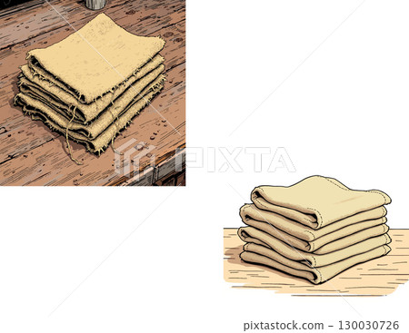 Vsai stack of folded burlap cloths resting on wooden table Vsai stack of folded burlap cloths resting on wooden table 130030726