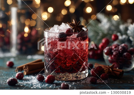 Festive Christmas Cocktail with Cinnamon and Cranberries 130030819