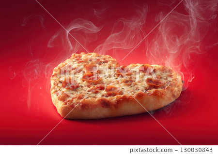Heart shaped pizza on a red color background. Hot Steamed Pizza Heart Shape with pepperoni and mozzarella cheese. Card for Valentine's Day, Date or Anniversary. Food symbol of romantic love. 130030843