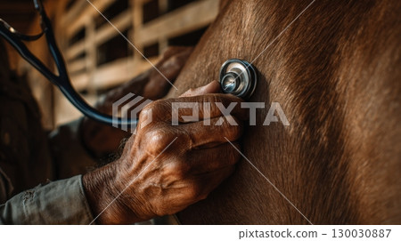 Veterinarian Using Stethoscope on Horse in Barn Setting 130030887