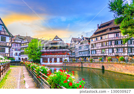 Strasbourg city historic centre The Petite France Quarter, Maison des Tanneurs house medieval buildings, quay embankment of River Ill canal in old town Centre, Alsace Grand Est region, France Strasbourg city historic centre The Petite France Quarter, Maison des Tanneurs house medieval buildings, quay embankment of River Ill canal in old town Centre, Alsace Grand Est region, France 130030927