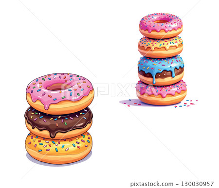 Vsai two stacks of iced ring donuts with colorful sprinkles creating a delightful treat 130030957
