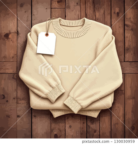 Vsai folded beige sweater with blank label on rustic wooden table Vsai folded beige sweater with blank label on rustic wooden table 130030959