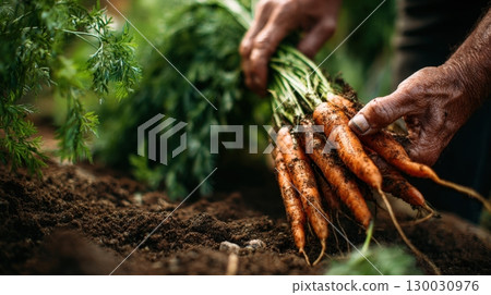 First-Person View of Farmer Harvesting Fresh Carrots from Soil 130030976