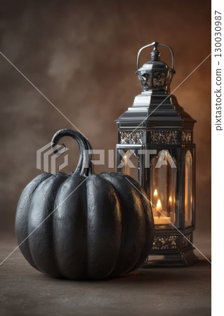 Matte Black Pumpkin and Chrome Lantern on Gradient Background 130030987