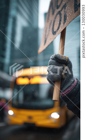 Close-up of Gloved Hand Holding Protest Sign with Blurred City Bus in Background 130030993