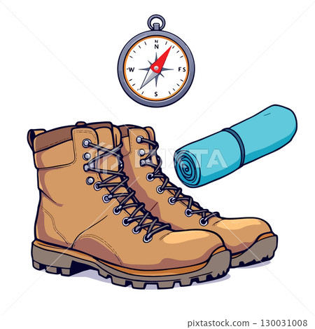 Vsai hiking boots, compass and rolled up mat preparing for outdoor adventure 130031008
