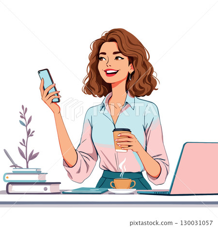 Vsai smiling businesswoman holding smartphone and coffee at office desk 130031057