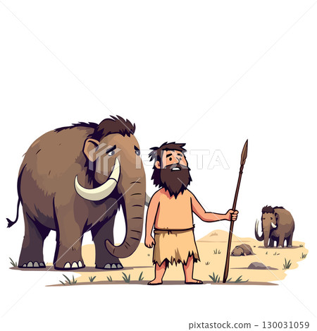 Vsai caveman holding spear hunting with mammoth in prehistoric era Vsai caveman holding spear hunting with mammoth in prehistoric era 130031059