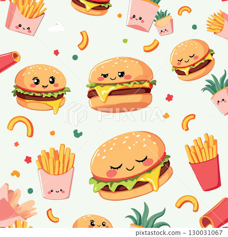 Vsai kawaii cheeseburgers and french fries creating a cheerful seamless pattern 130031067