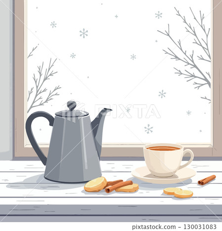 Vsai teacup, teapot and spices on window sill during snowfall 130031083