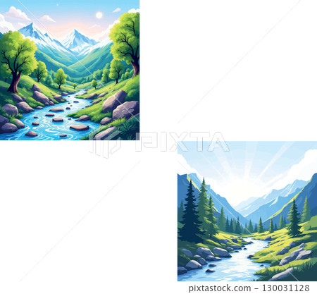 Vsai river flowing from snowy mountain through green valley 130031128