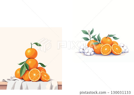 Vsai fresh oranges and cotton bolls creating a vibrant still life 130031133