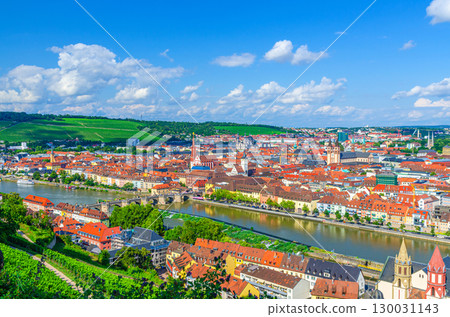 Aerial panoramic view of Wurzburg old town altstadt with Main river, green hills with vineyard, skyline horizon panorama of Wurzburg city historical center, Lower Franconia region, Germany 130031143