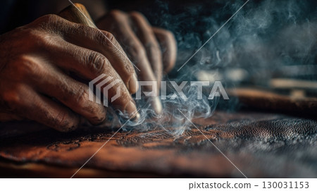 First-Person View of Hands Stamping Leather with Branding Tool and Smoke 130031153