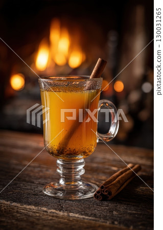 Hot Buttered Rum Cocktail with Cinnamon by a Cozy Fireplace 130031265