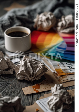 Crumpled Paper and Spilled Coffee on Mood Board with Protest Sign and Color Wheels 130031271