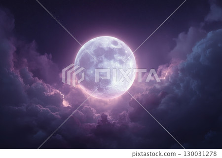Eerie Full Moon in Purple Night Sky with Floating Fog and Text Space 130031278