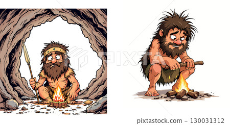 Vsai caveman making fire with sticks and keeping warm in cave Vsai caveman making fire with sticks and keeping warm in cave 130031312