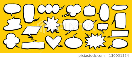 Cartoon speech bubbles in crayon style, hand drawn balloon, chalk cloud and talk frame on yellow background. Speech balloons and text boxes in chalk pencil. Great for comics, stickers, posters Cartoon speech bubbles in crayon style, hand drawn balloon, chalk cloud and talk frame on yellow background. Speech balloons and text boxes in chalk pencil. Great for comics, stickers, posters 130031324