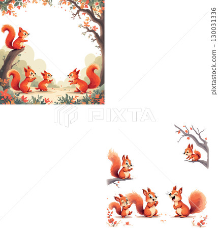 Vsai squirrels playing in autumn forest, adorable illustration 130031336