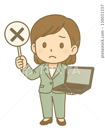 A female engineer in a pantsuit with a troubled expression, holding a laptop and a black crossed sign 130031337