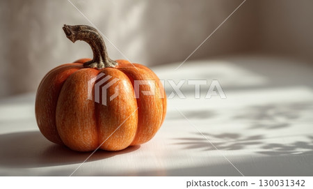 Close-up of a Carved Pumpkin on White Table with Shadowed Background 130031342