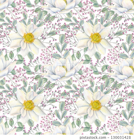 Blooming white lotuses, pink gypsophila, and eucalyptus leaves seamless watercolor pattern on isolated background. Asian flowers ornate. Floral illustration for packaging, textile, wedding decor. Blooming white lotuses, pink gypsophila, and eucalyptus leaves seamless watercolor pattern on isolated background. Asian flowers ornate. Floral illustration for packaging, textile, wedding decor. 130031428