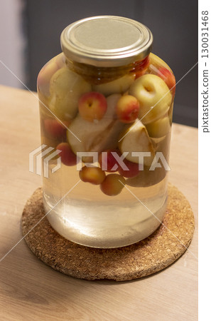 Canned compote in jars of various fruits and berries. Food 130031468