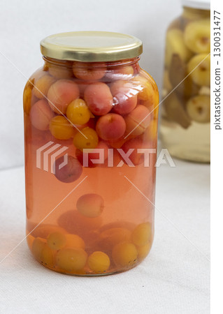 Canned compote in jars of various fruits and berries. Food 130031477