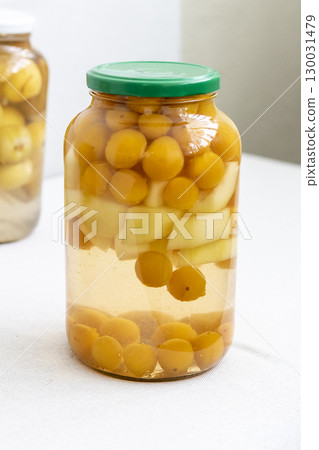 Canned compote in jars of various fruits and berries. Food 130031479