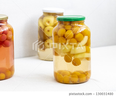 Canned compote in jars of various fruits and berries. Food Canned compote in jars of various fruits and berries. Food 130031480
