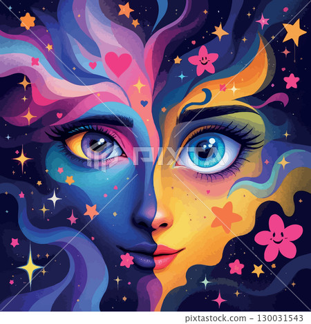 Vsai colorful abstract faces merging with cosmic elements 130031543